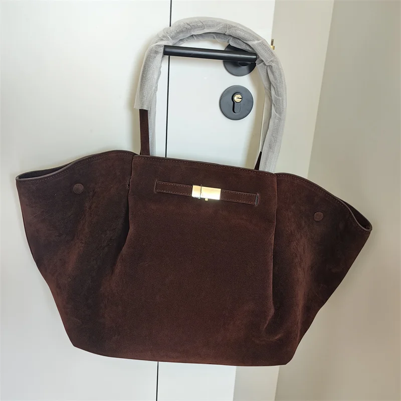 

High Quality Faux Suede Handbag Large Capacity Solid Color Pleated Tote Bag Luxury Designer Commuting Versatile Shoulder Bag