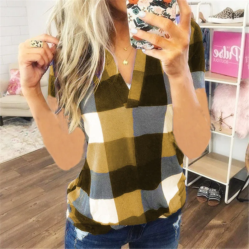 Mulheres vintage camisa de manga curta com decote em v camisas xadrez verão feminino blusa casual topos streetwear estilo coreano liquidação