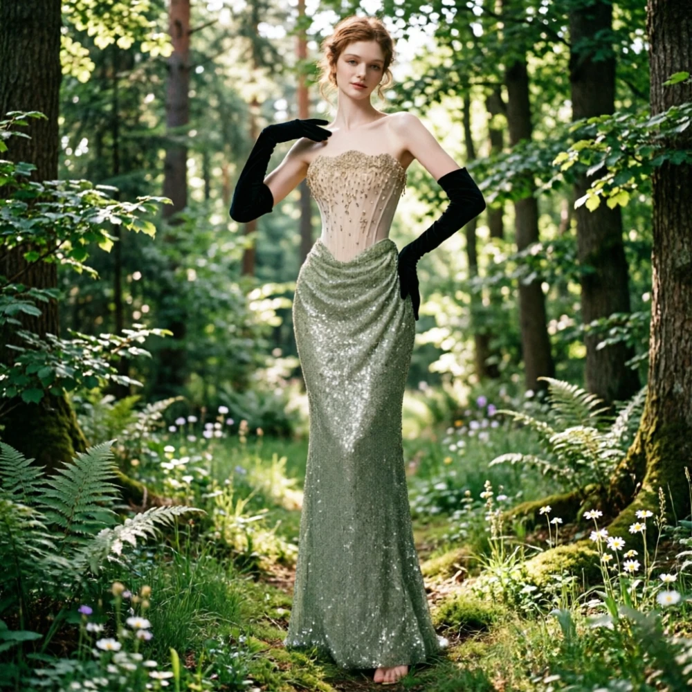 Customized Tube Top Mesh Boned Corset Prom Dresses Hand Stitched Pearl Rhinestone Draped Sequin Mermaid Formal Gown for Women