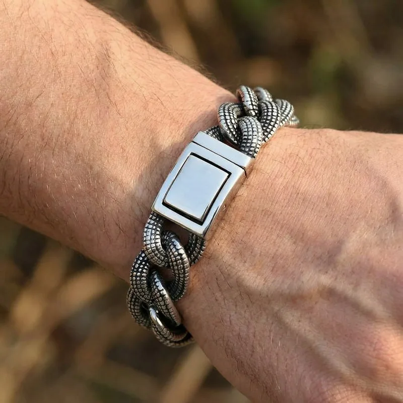 Vintage Stainless Steel Cuban Link Bracelet, Gothic Punk Biker Plaid Charm Bracelet for Men,Hip Hop Streetwear Accessory Gift