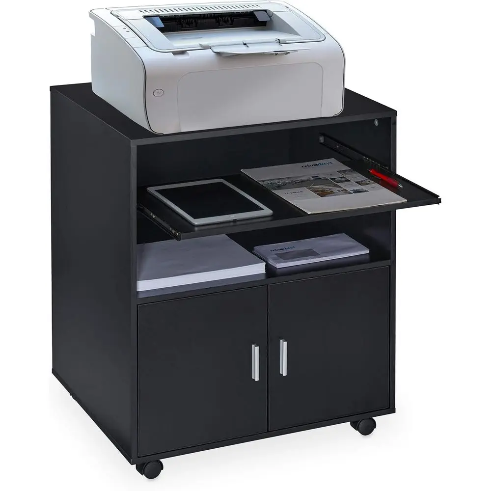 

Double-Compartment Rolling Office Cart with Keyboard Tray, 74x60x48cm, Black Plastic