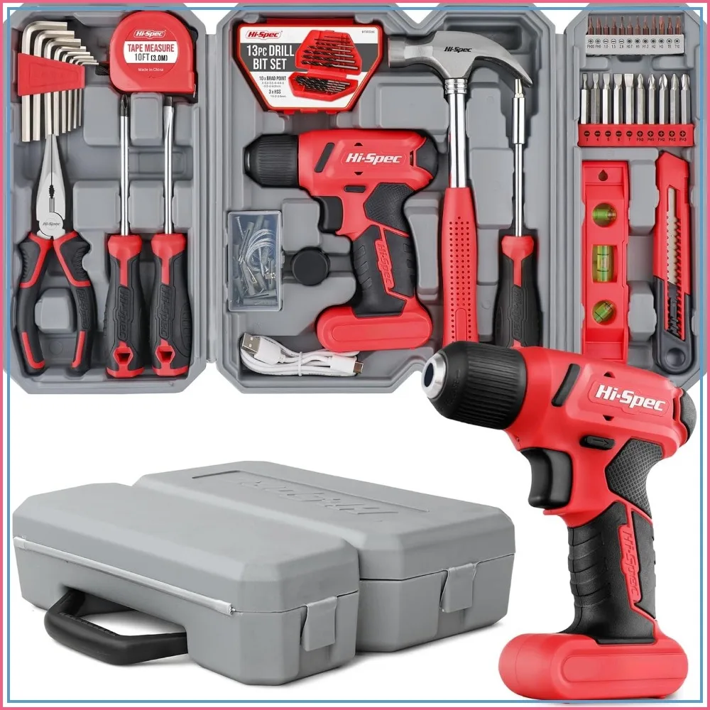 

58pc 8V USB Rechargeable Cordless Drill & Home DIY Tool Kit Set with Screwdriver Bits, Pliers, Hammer in Toolbox