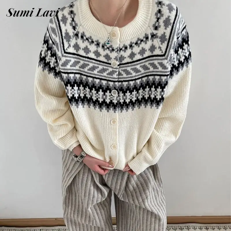 Streetwear Vintage Heren Sweaterjassen Herfst Winter Trendy Geometrische Trui Jas Jas Voor Mannen Casual O Hals Knop Vesten