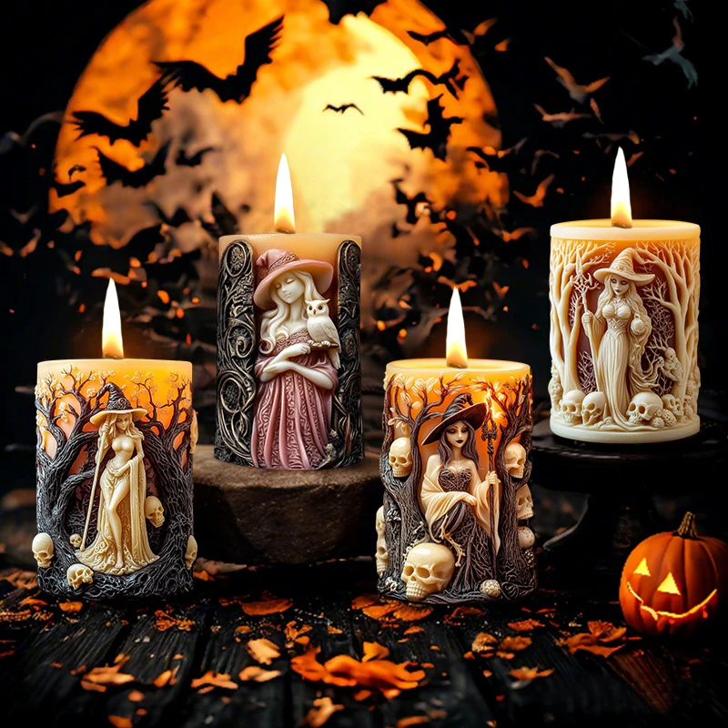 Halloween Witch Cylinder Candle Silicone Mold Sexy Witch Candle Mold DIY Aromatherapy Gypsum Resin Making Mould Home Decor