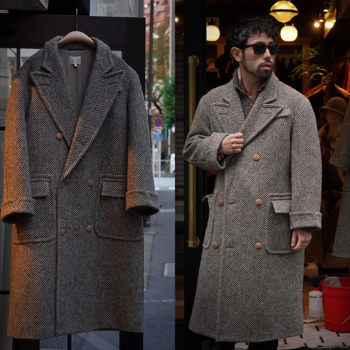 Classic Grey Salt and Pepper Tweed Double-Breasted Overcoat with Peak Lapel Pockets Men Autumn Long Coat Customized E26183