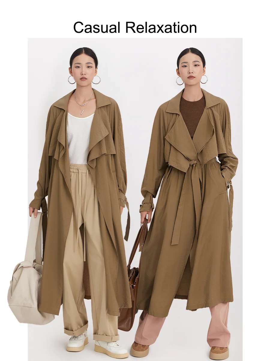 Chaqueta Cortavientos para Mujer, Primavera-Otoño, Color Marrón Claro, Estilo Británico, Corte Recto, Larga, con Cinturón, para Exteriores...