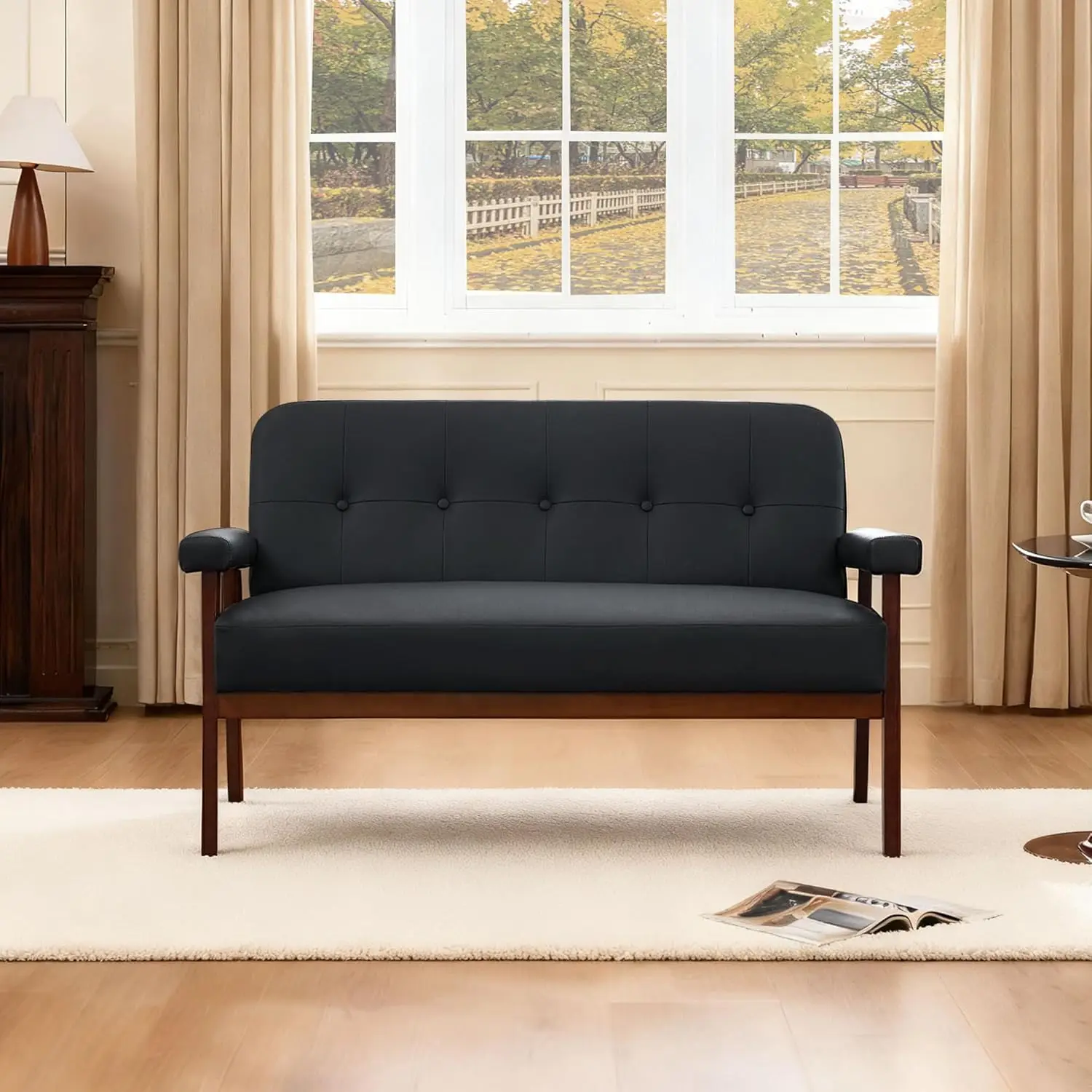 أريكة جلدية بمقعد الحب، أريكة بمقعدين صغير حديث لمنتصف القرن مع أذرع خشبية، أريكة بمقعدين للمساحات الصغيرة، Livi #3