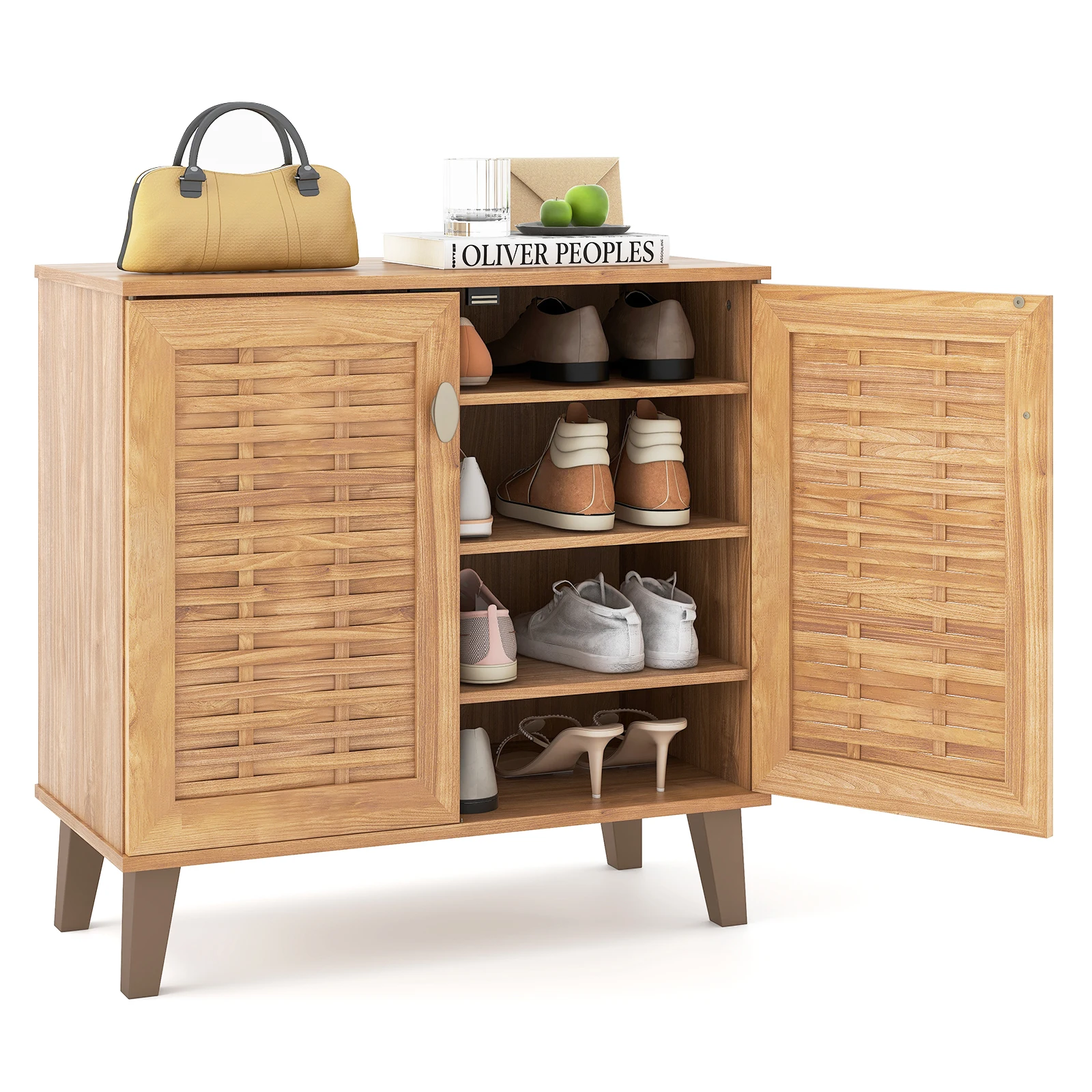2-Door Shoe Cabinet w/ Ventilated Woven Doors & 3 Removable Shelves for Entryway