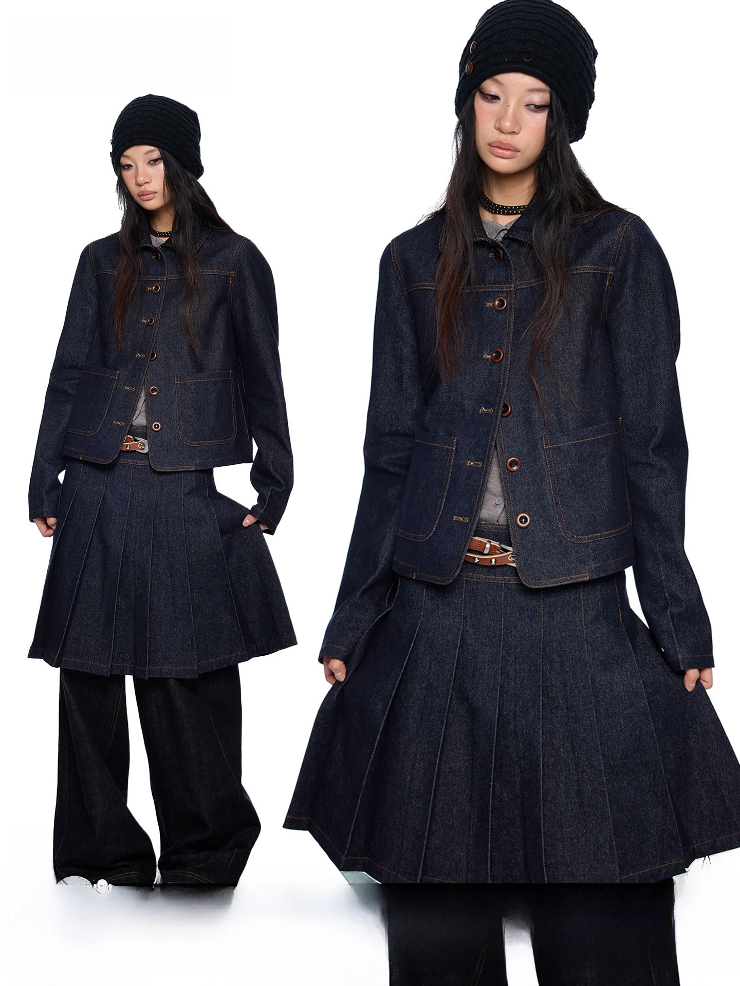 

EZEK Vintage Doll Collar Waed Denim Jaet Skirt Set Women's Casual Top Spring New Loose pe Cotton Polyester Lyocell Blend