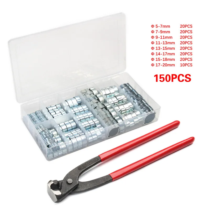 150Pcs 5-20mm Hose Clamp Double Ears Clamp Worm Drive Fuel Water Hose Pipe Clamps Clips+1PC Plier