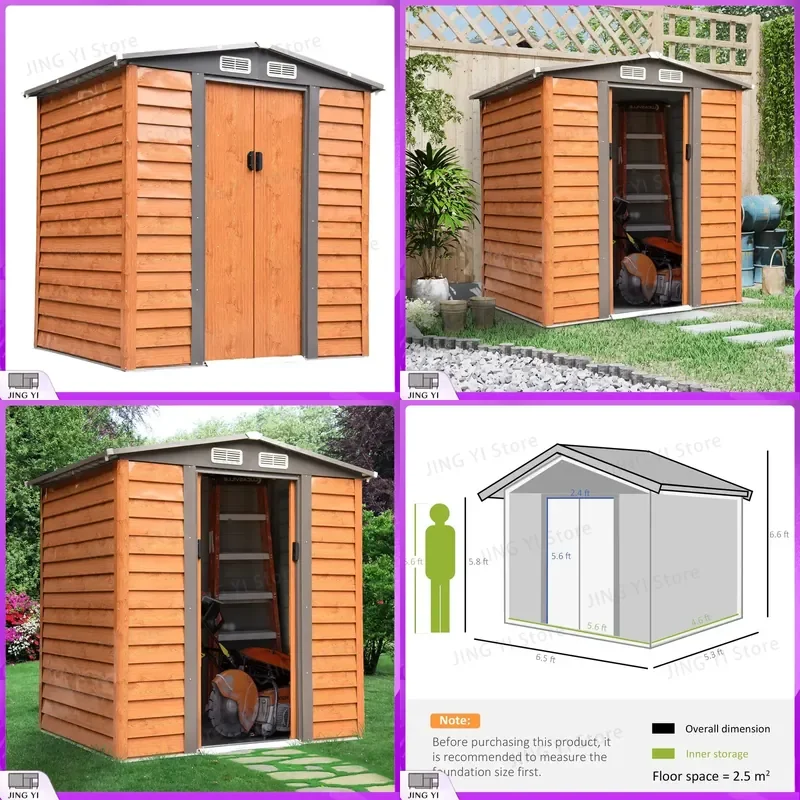 

Garden Shed Tool Storage Cabinet with Sliding Door Brown Wood Grain Overlap Construction Heavy Duty Outdoor Storage Unit for
