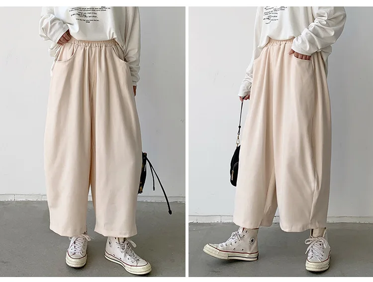 New 2026 Women's Solid Loose Casual Trousers Simple Elastic Waist Wide Leg Harem Pants Versatile Pockets Banana Pants Oversized