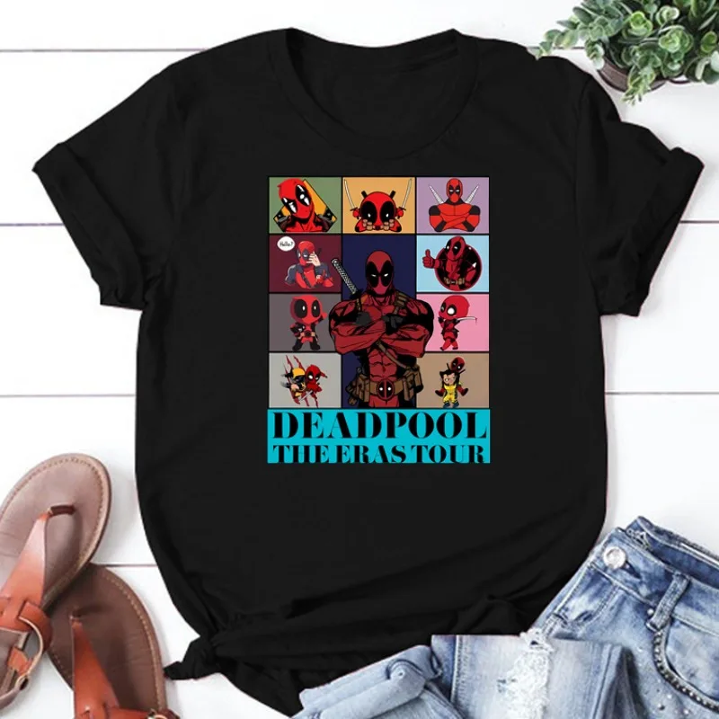 T Shirt hitam grafis lucu wanita kartun Dead-pool pakaian 90s anak perempuan Harajuku pakaian lengan pendek atasan Y2K wanita