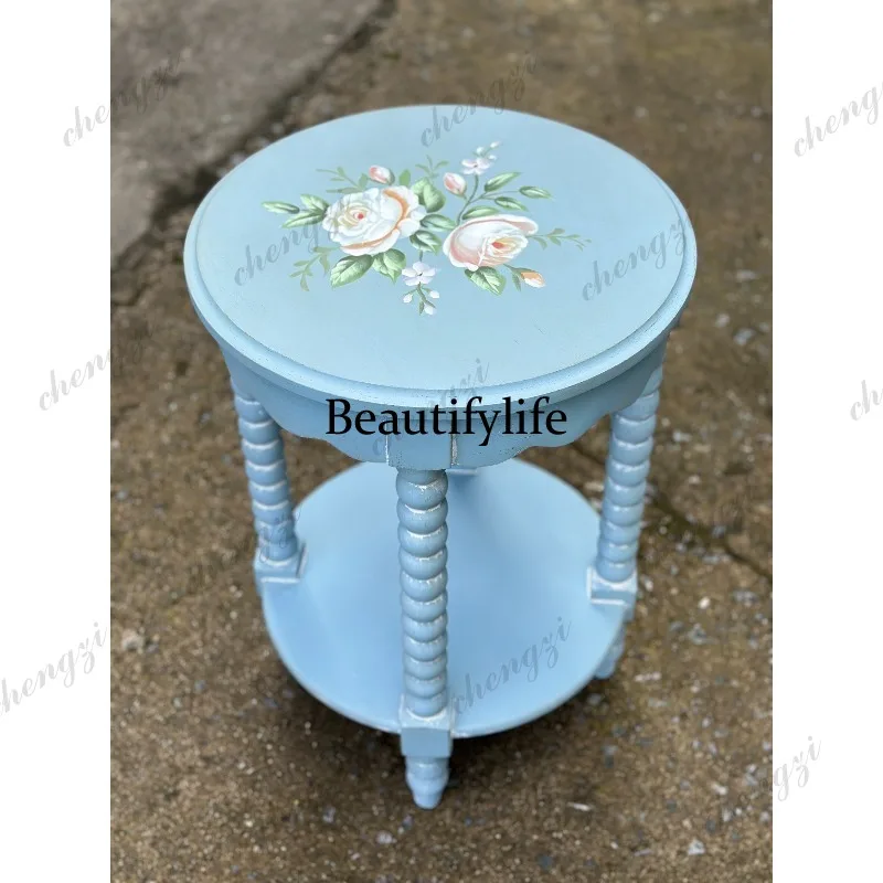 Original order Antique style blue hand-painted furniture Round table Two-layer flower stand