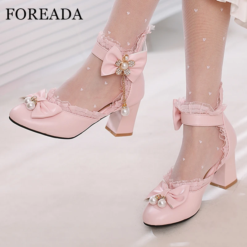 

FOREADA Women Ankle Strap Lolita Pump Round Toe Thick High Heel Kawaii Bow Crystal Chain Zipper Lady Cosplay Shoes Spring Autumn