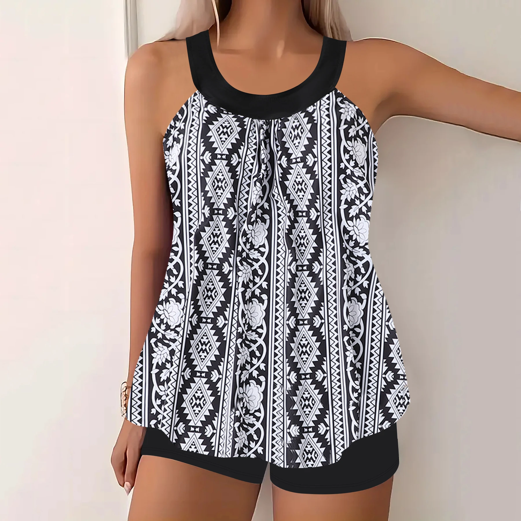 Conjunto de traje de baño tankini para mujer, traje de baño de dos piezas sin espalda con estampado floral, ropa de playa de moda con camiseta sin mangas y pantalones cortos, bikini sexy