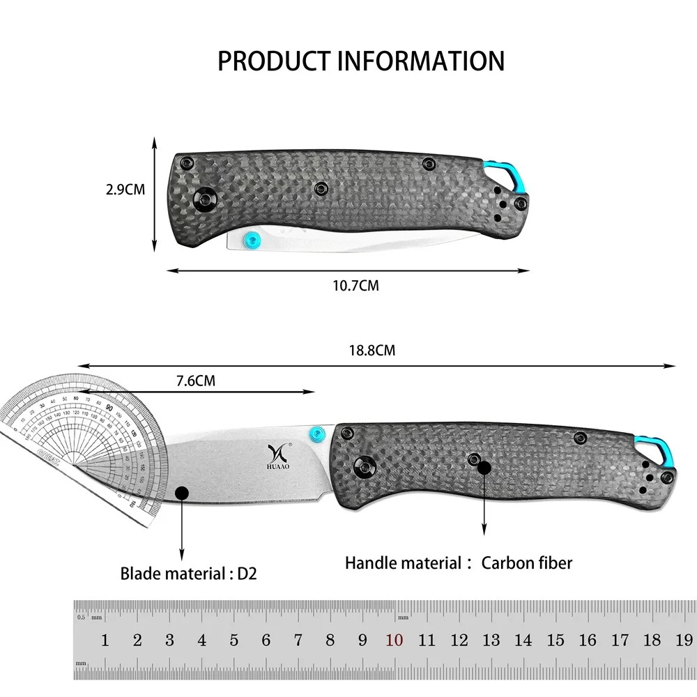 HUAAO BM 535 Bugout Folding Pocket Knife D2 Blade Carbon Fiber Handle Outdoor Tactical Knives Camping Hunting EDC Multitool