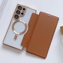Flip Cover Plating Clear Magnetic Fold Wallte Case For Samsung S25 Ultra S26 S24 FE S23 S22 Plus Slot Card Bag Holder Soft Cover