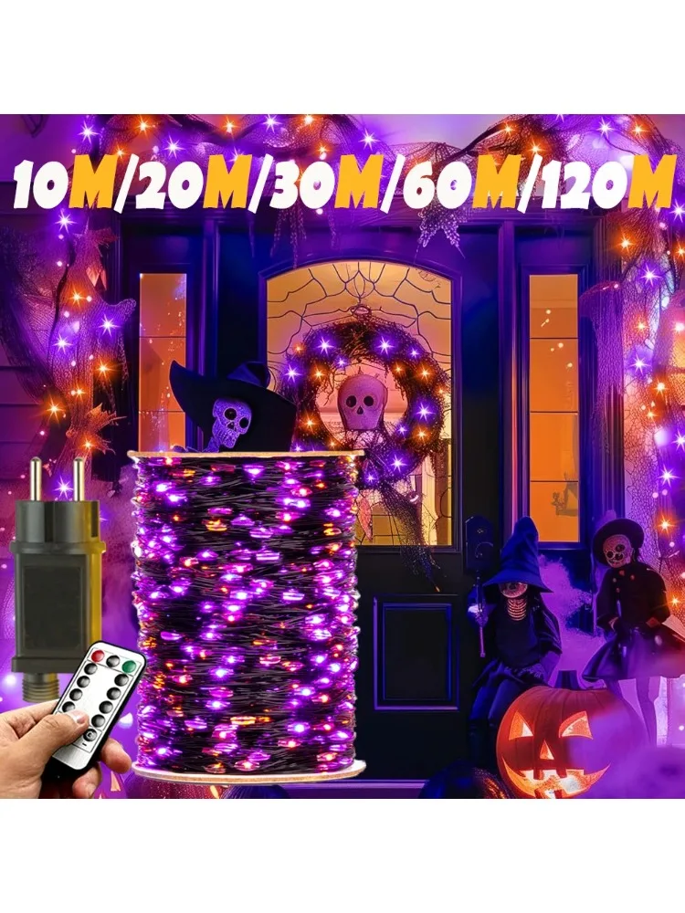 Lampki sznurkowe 10-120m czarne z fioletowymi i pomarańczowymi diodami na Halloween, 8 trybów, do użytku na zewnątrz, na Boże Narodzenie, imprezy uliczne, do ogrodu. — 2