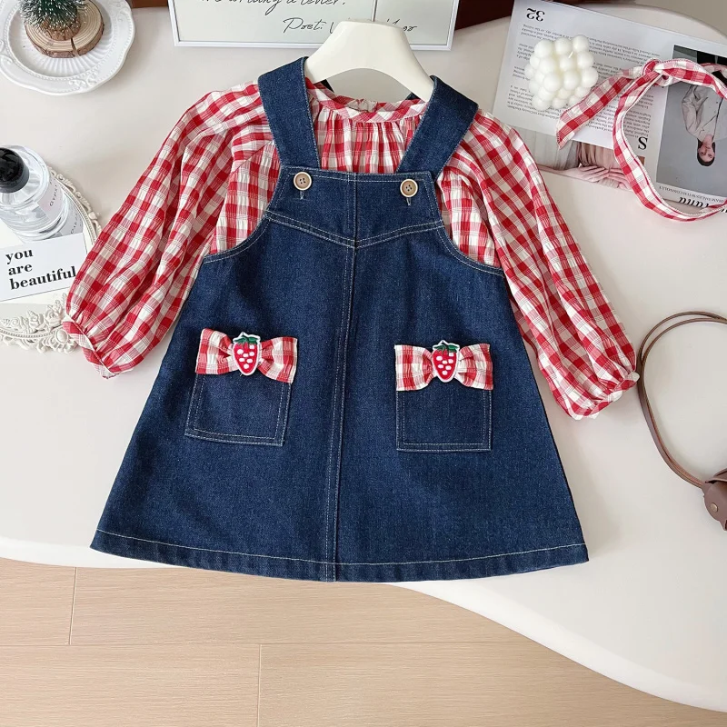 

Children's Outfit New Spring and Autumn Girls' Denim Vest Dress Doll Shirt Plaid Top Elegant Two-Piece Set