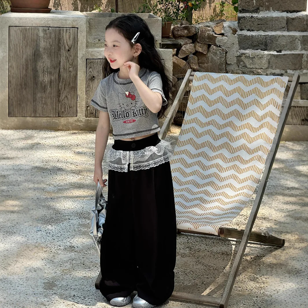 

Girls' Summer New Korean Version Casual Pants Children's Lace Splicing Straight-leg Pants Drop-down Cool Pants