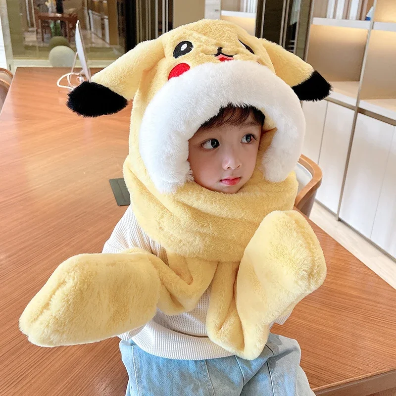 Pokemon Anime Pikachu Ears Moving Hat Kawaii Soft Gloves Winter Cold Protection Baby Cute Scarf Children's Toys Christmas Gift