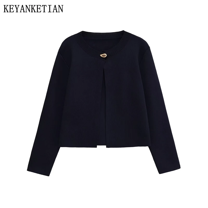 

KEYANKETIAN 2025 Autumn New Women's Navy blue knitted cardigan Simple style O-Neck One-Button Slim Short Sweater Coat Basics Top