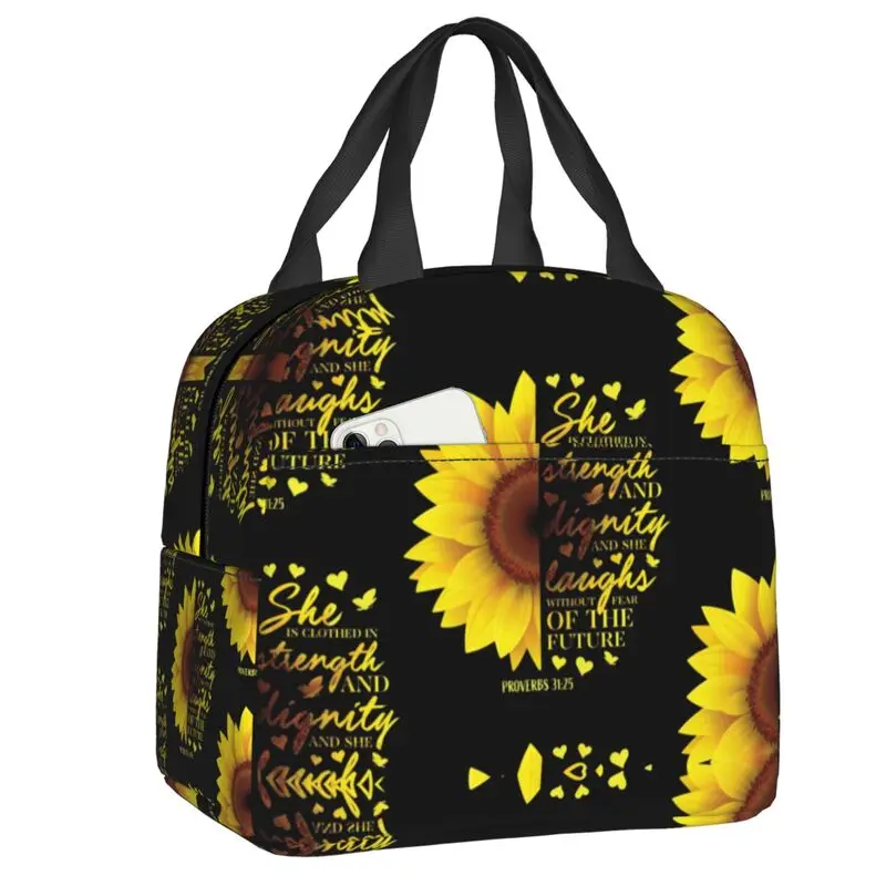 Sunflower Christian Portable Lunch Boxes Women Leakproof Floral Flower Cooler Thermal Food Insulated Lunch Bag Office Work