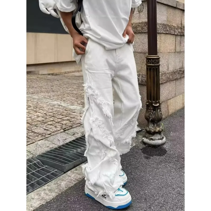 American Style Erosion Damage Raw Edge Street Jeans Men's Harajuku Style Hip-hop Dance Straight White Jeans Women's Y2k Clothing