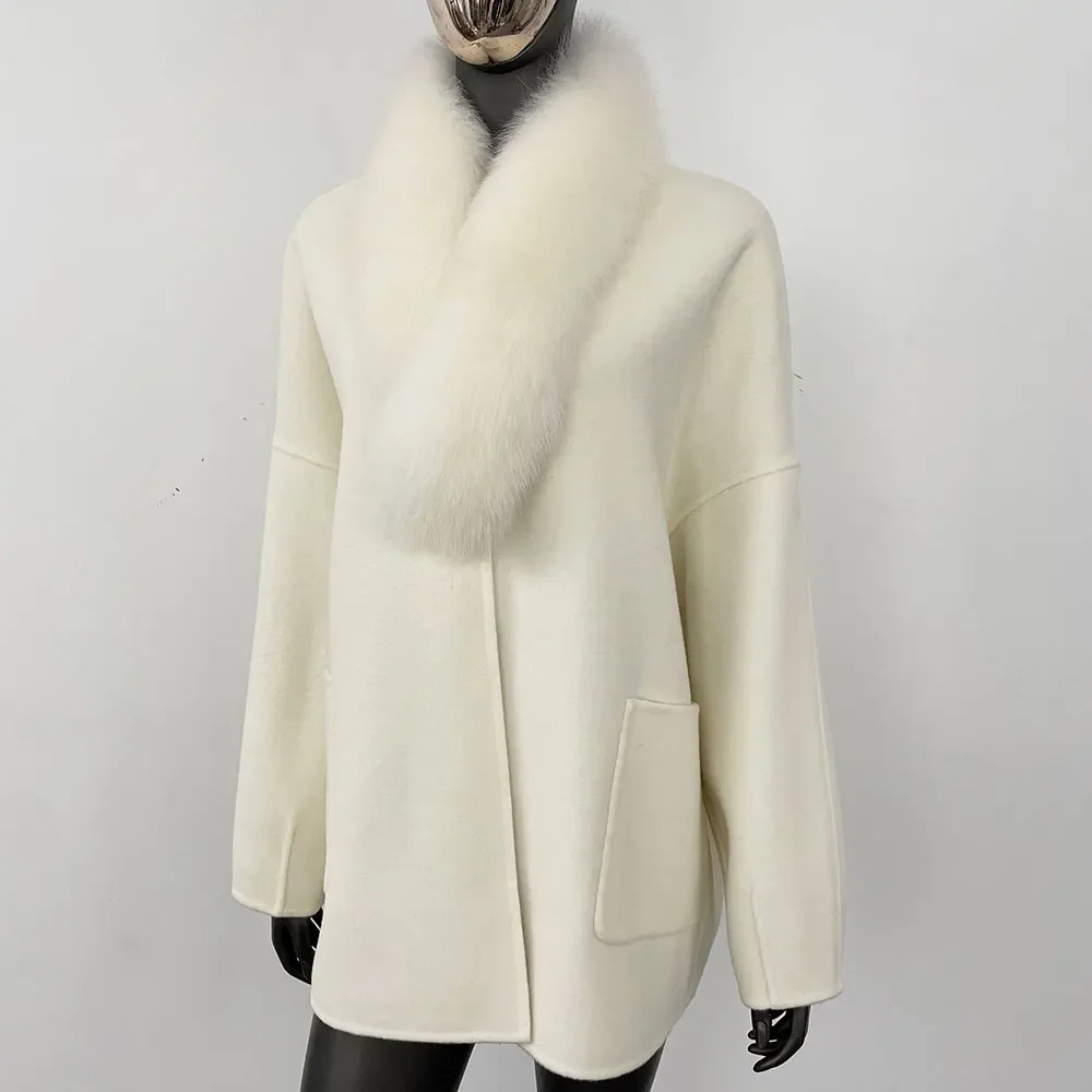 

Elegant Woolen Wool Coat Real Fox Fur Jacket Women Scarf Fur Collar Woolen Coat Female Hidden Buckle Wool Coat Autumn Fashion