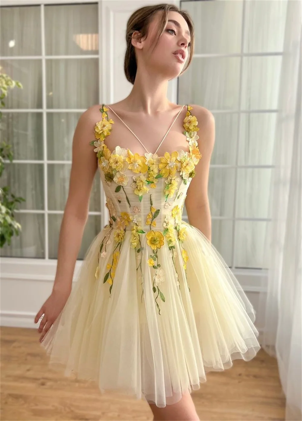 Cathy Yellow Flower Appliques Prom Dresses Spaghetti Strap Tulle Mini فساتين السهرة Lace-up Back Sweet vestidos verano moda 2024