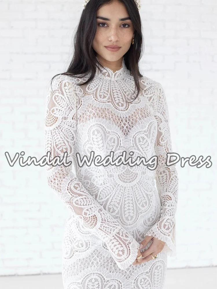 Vindal Boho Lace Wedding Dress Backless High Neck Long Sleeve Bridal Gown Vestido de Novia Bohemio Sirena Brautkleid