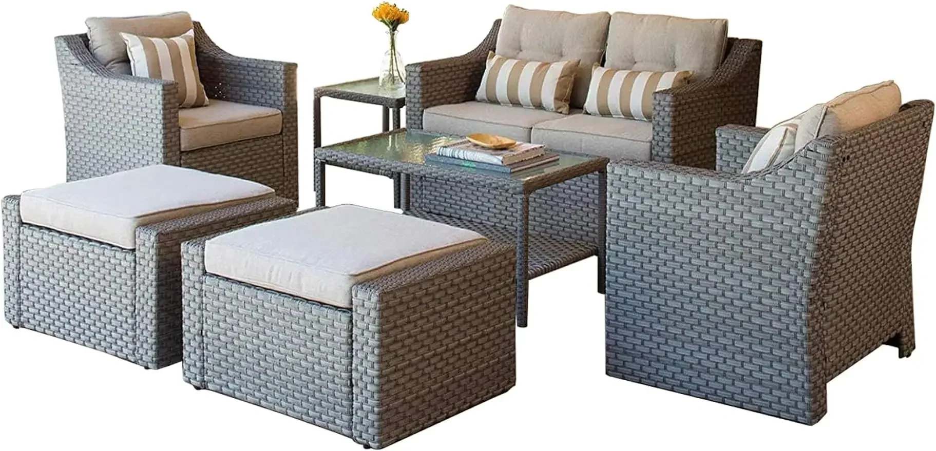 

Outdoor Patio Furniture Set 4/5/7-Piece Grey Wicker Conversation Furniture Set Patio Lounge Chairs with Ottoman & Loveseat