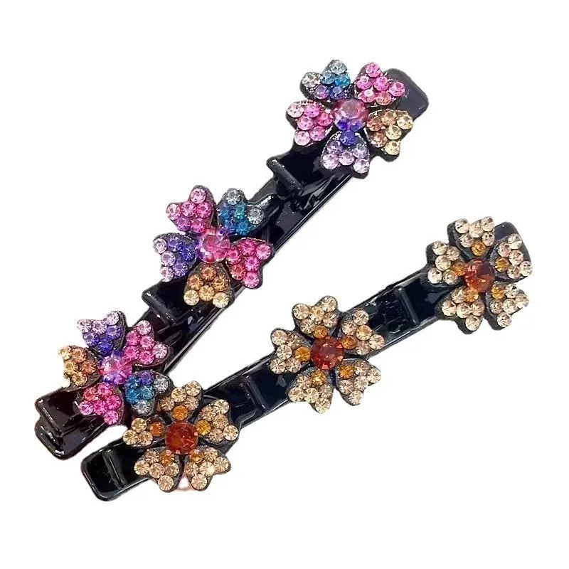 2pcs Sparkling Crystal Stone Braided Hair Clips Satin Fabric Hair Bands Rhinestone Hair Clips Braided Hair Clip With Rhinestones