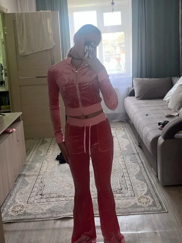 EOENKKY-Conjunto de dos piezas de terciopelo liso para mujer, Top sencillo informal con cremallera de manga larga y cuello alto + pantalones de pierna ancha ajustados de encaje vendaje