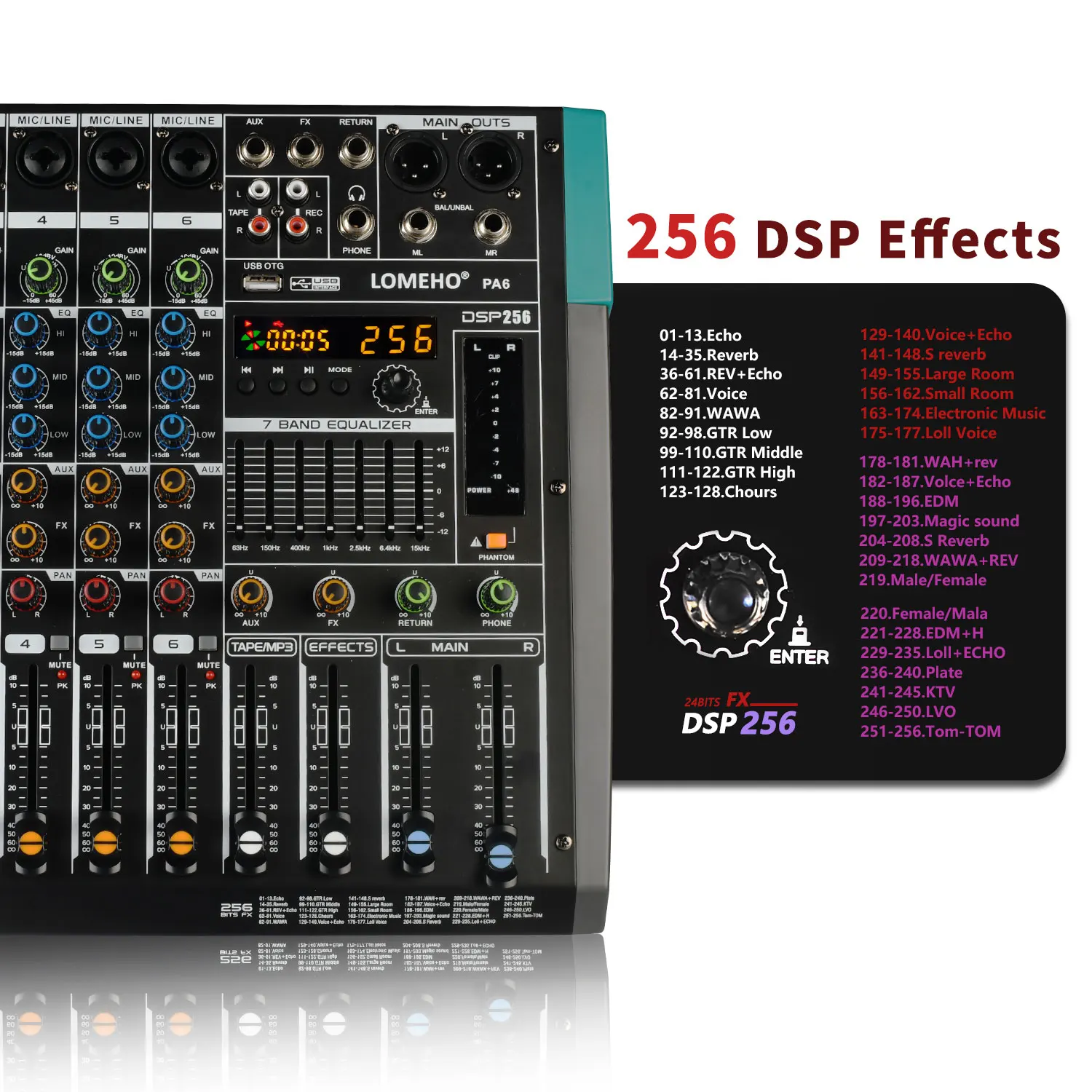 LOMEHO 6 Channel Mixing Console BT 24 Bit 256 DSP Sound Table Mute Function Audio Mixer 48V USB PC Play Record DJ Controller PA6