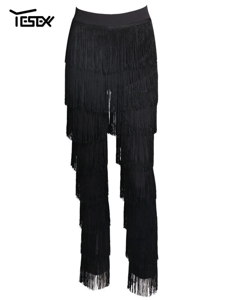 Yesexy New Fringed Pants Zipper  Pants Tassels Sexy Elegant High Waist Tights Zip Tassel fashion Sexy Versatile Black White