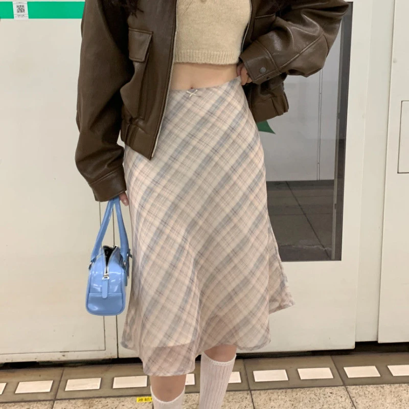 Deeptown spódnica w kratę Vintage kobiety elegancka słodka koreański styl spódnica średnia Y2k Harajuku moda linia A letnie estetyczne spódnice
