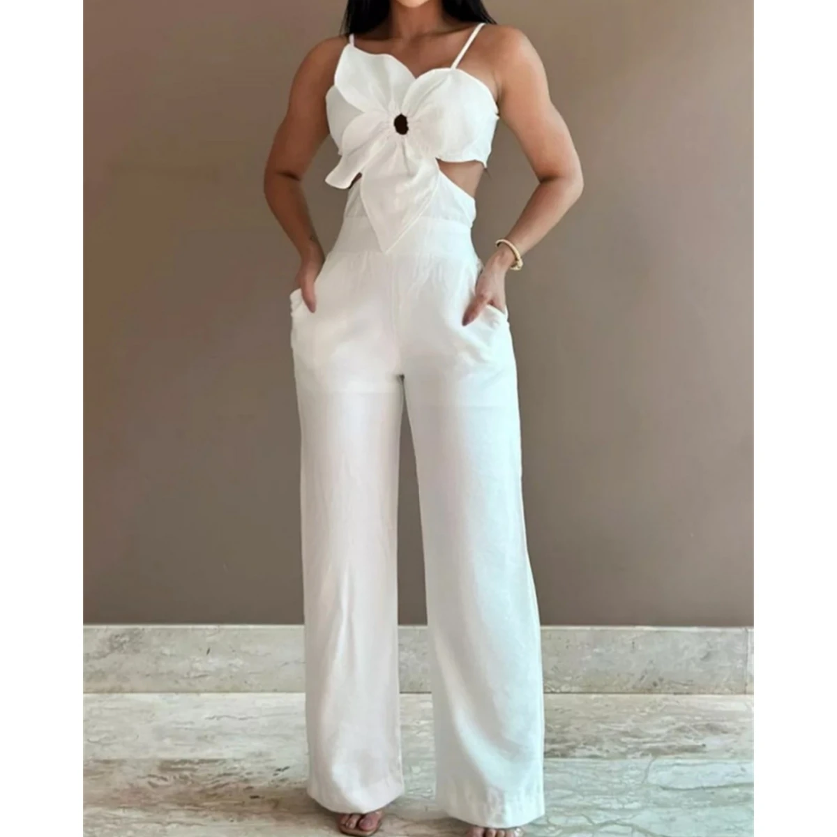 Summer Wide-Leg  Strap Pants  Jumpsuit New Women Floral Pattern Shirred Hollow Out Casual Asymmetricsal Neck Backless Jumpsuits