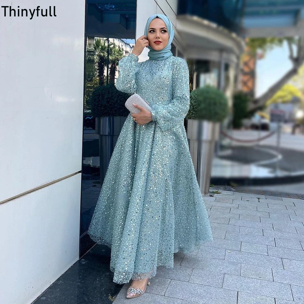 Thinyfull A-line Sequin Turkish Prom Dress High Neck Long Sleeves Arabic Muslim Evening Dress Customized Formal Event Gown 2024