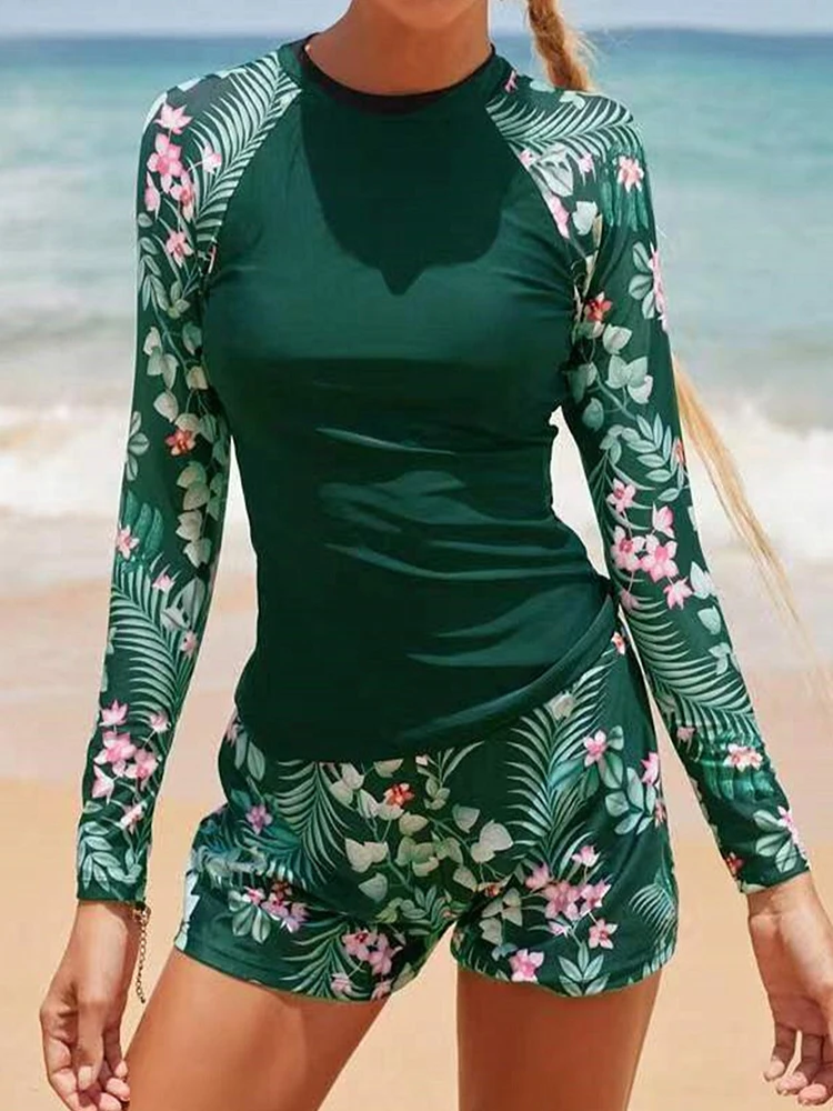 Two Piece Swimsuit Women 2024 New Solid Print Long Sleeve Tankini Swimwear High Waist Boxer Shorts Beachwear Bathing Suit Female