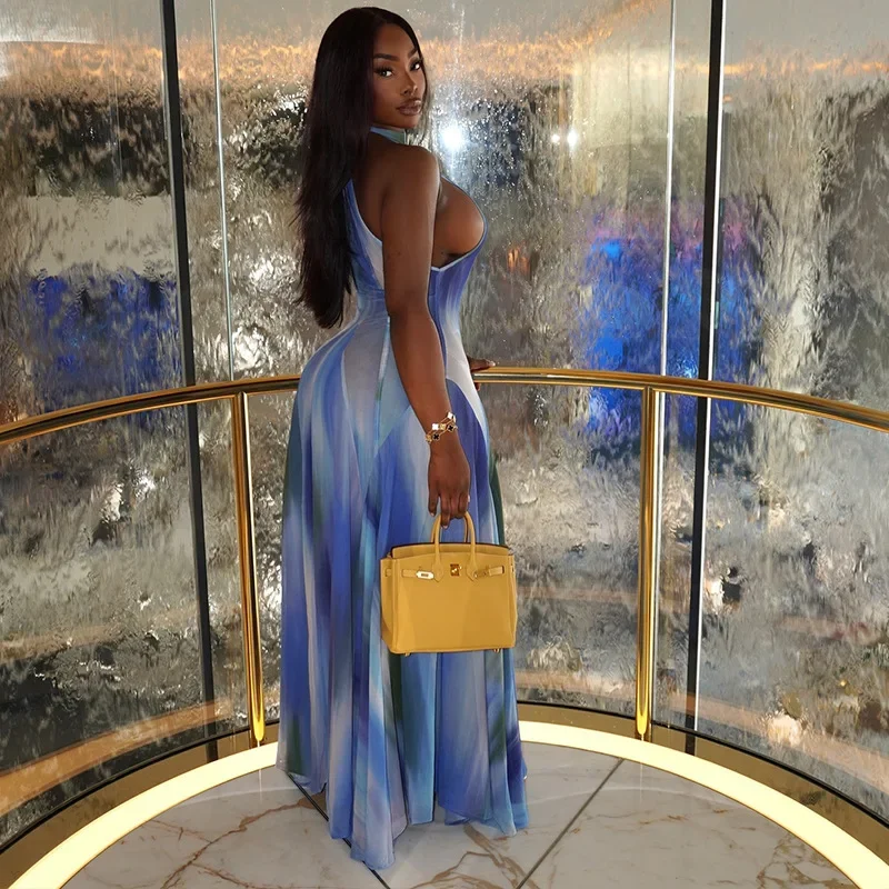 Women Gradient Print O-Neck Sleeveless Bodycon Long Dress 2025 Summer Holiday Birthday Evening Beach Sexy Party Dresses