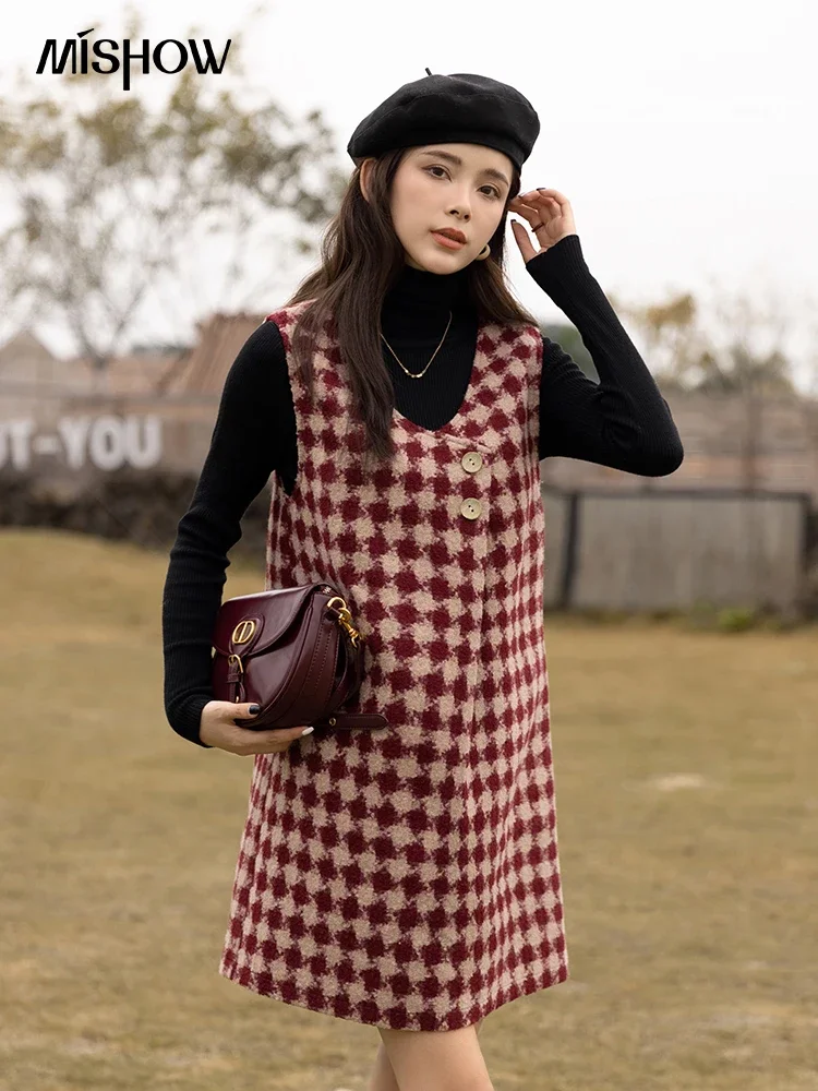 MISHOW Plaid Vest Dress Winter Vintage Womens Dresses Aline Vneck Sleeveless Woolen Vestidos Chic Female Clothes MXB47L1332