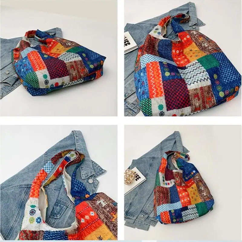 

Fanshion Лоскутная сумка в этническом стиле Богемная сумка на плечо Повседневная большая вместительная сумка-тоут для покупок