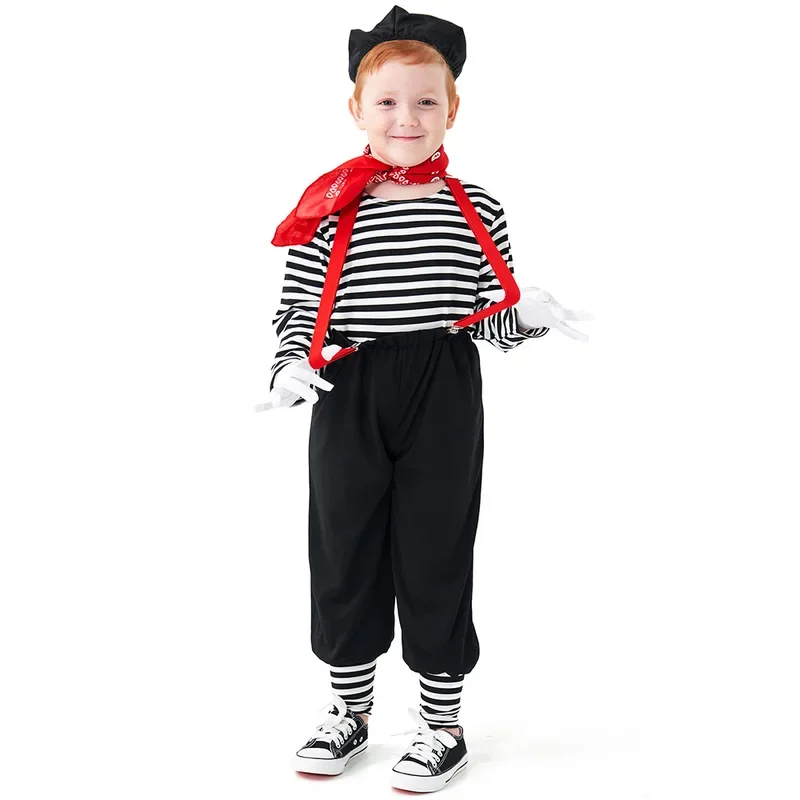 Kid Boys Mime Artist Costume Halloween Purim Art Street Outift Clown Cosplay Fantasia Book Week Party Fancy Cosplay Costume