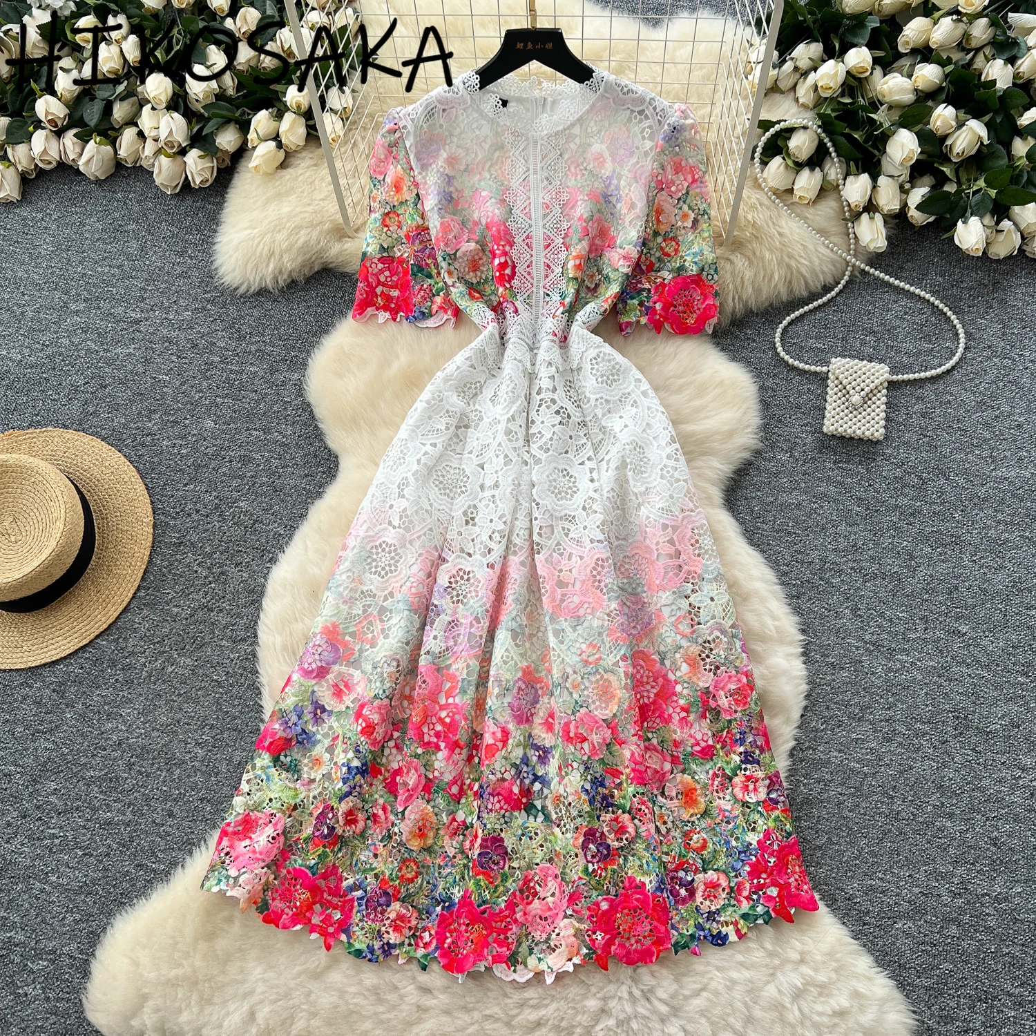 

French Style Retro Floral Print Dress Women Hollow Out Hiik Flower Lace Puff Sleeve Robe Slim Elegant Short Sleeve Vestidos