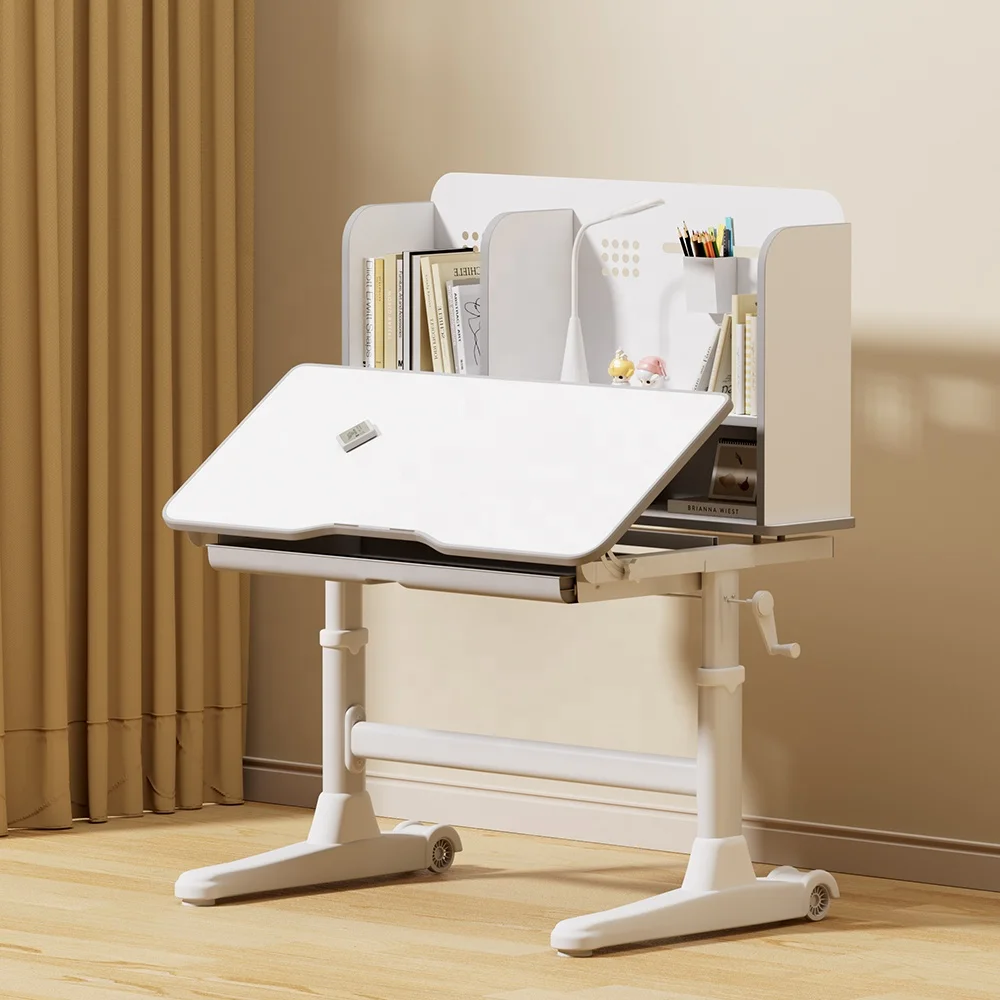 高さ調節可能な本棚収納引き出し付き子供用学習机椅子セット、自宅学習用ライティングテーブル