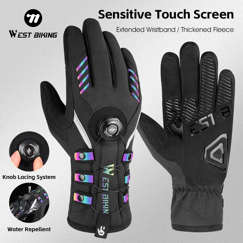 WEST BIKING Twist Locking Cycling Gloves Winter Thermal Water Repellent Touch Screen Gloves MTB Road Bike Warm Sport Gear