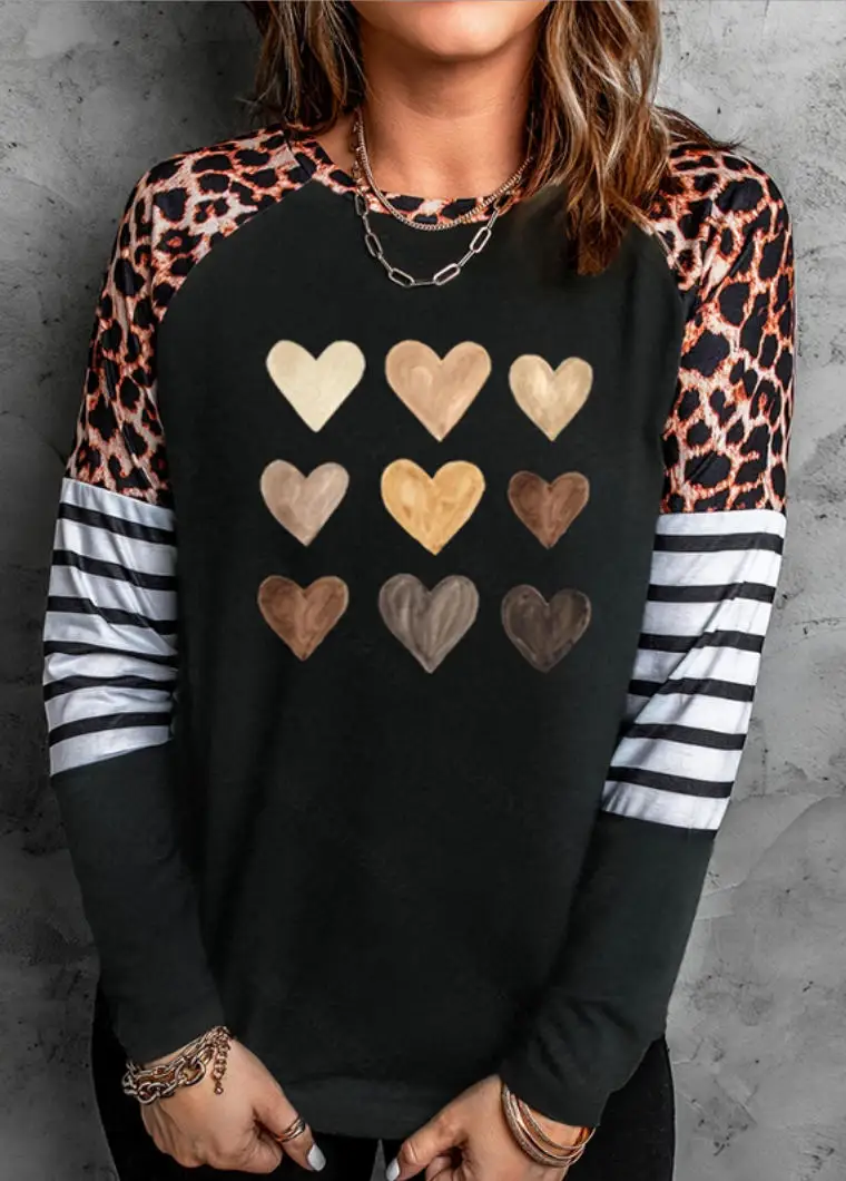 Plus Size Women Heart Print Raglan Long Sleeve Top, Leopard Stripe Splice Round Neck Casual Loose Blouse Daily Wear