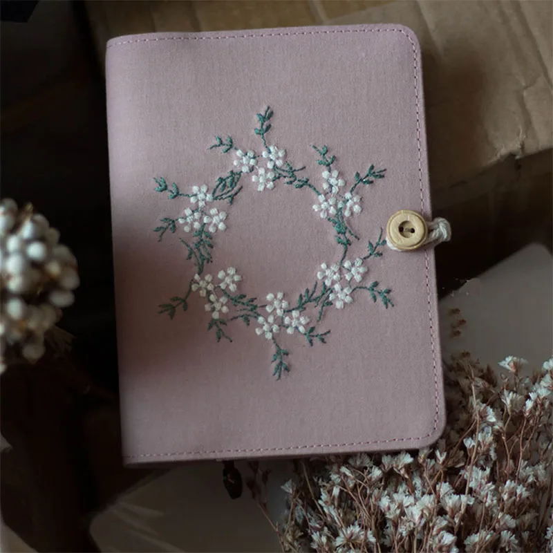 Cotton Pink Note Books Embroidery Wreath Loose Leaf A5 / A6 Binder Notebook Diary Cover Artist Moterm Ring Planners Notepad